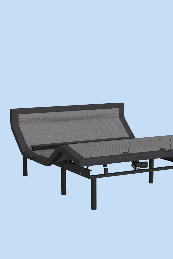Adjustable bed frame with blue arrows to indicate the direction of motion of the head and foot of the frame. The headline "Furniture" appears above the image.